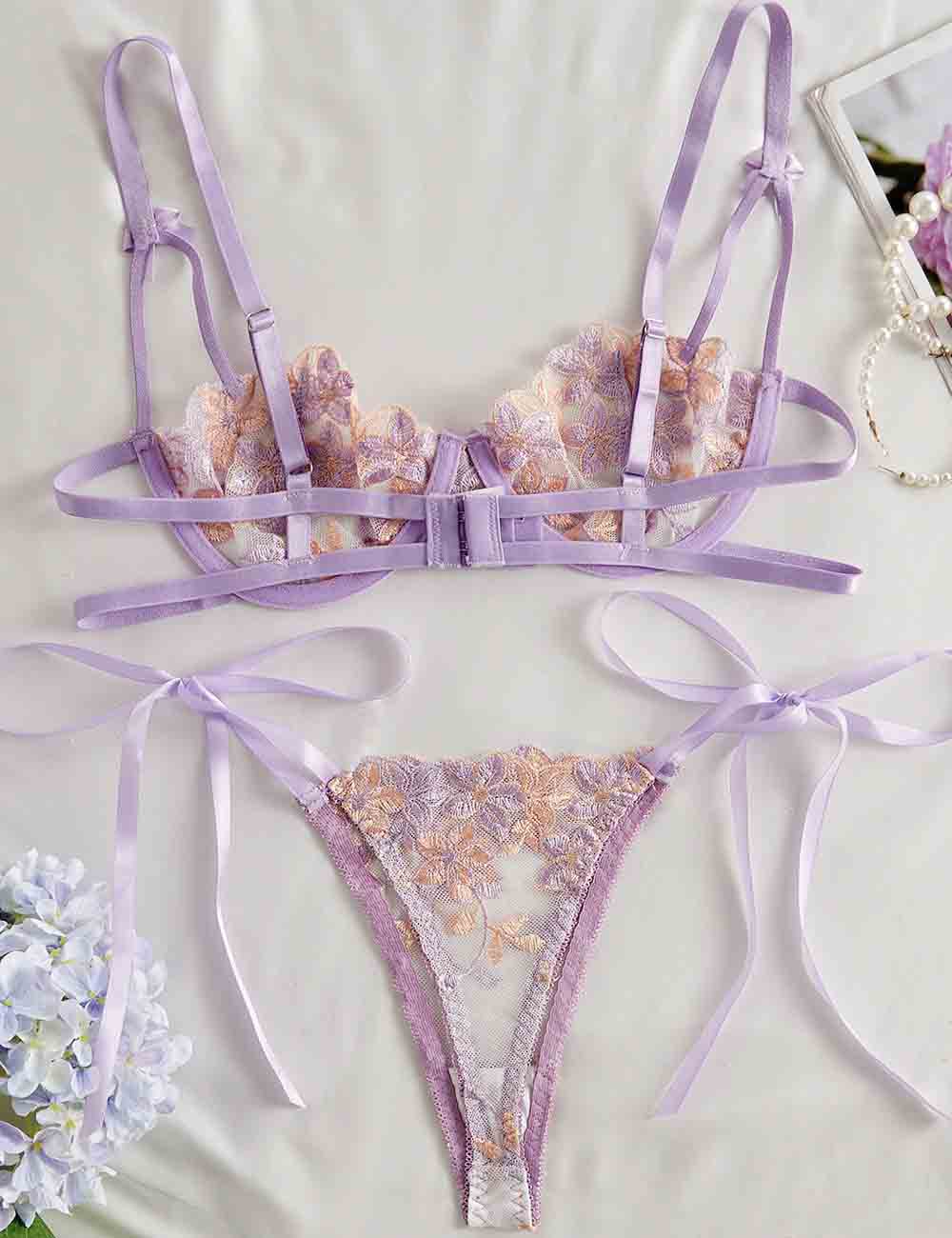 Ladies Floral Embroidery See Through 2PCS Lingerie Set 8XX0111