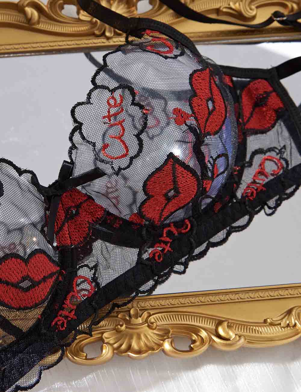 Ladies Red Lip Embroidery See Through 2PCS Lingerie Set 8HF4146