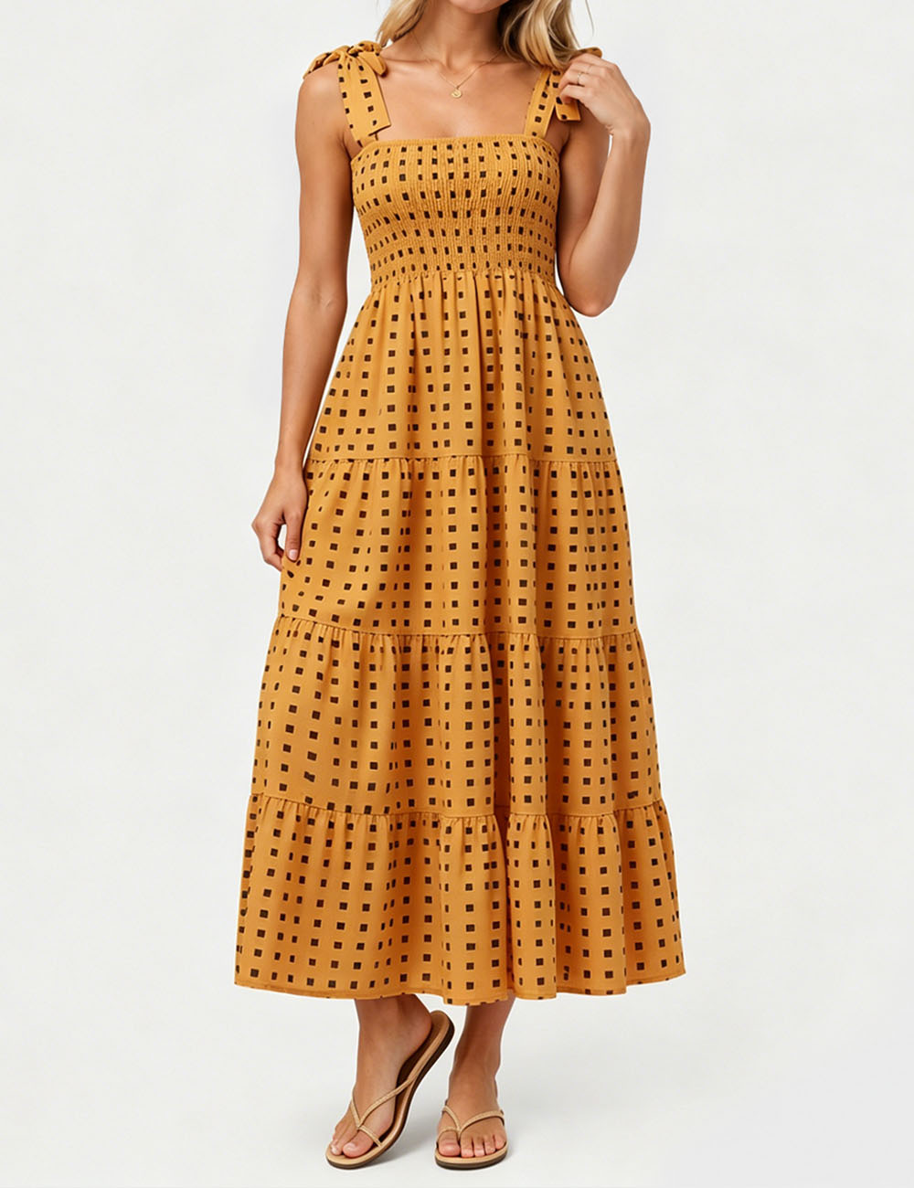 Ladies Abstract Print Smocked Tie Strap Square Neck Midi Dress
