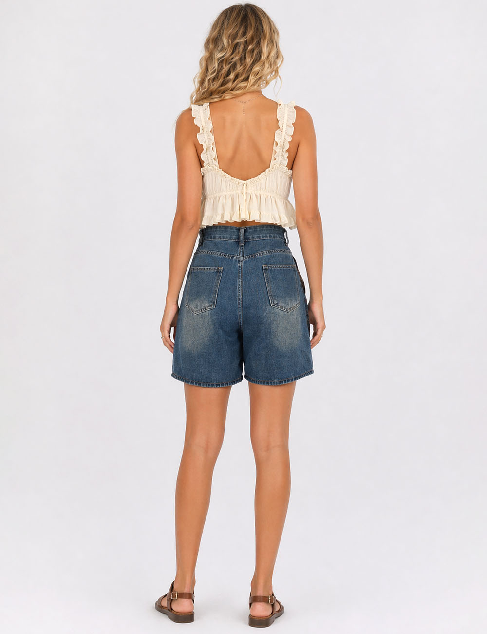 Ladies  Plaid Lace Patchwork Wide Leg Denim Shorts