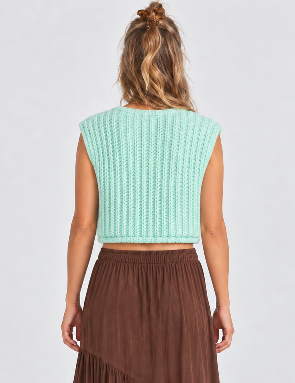 Ladies Solid Color Sleeveless Open Knit Sweater Vest