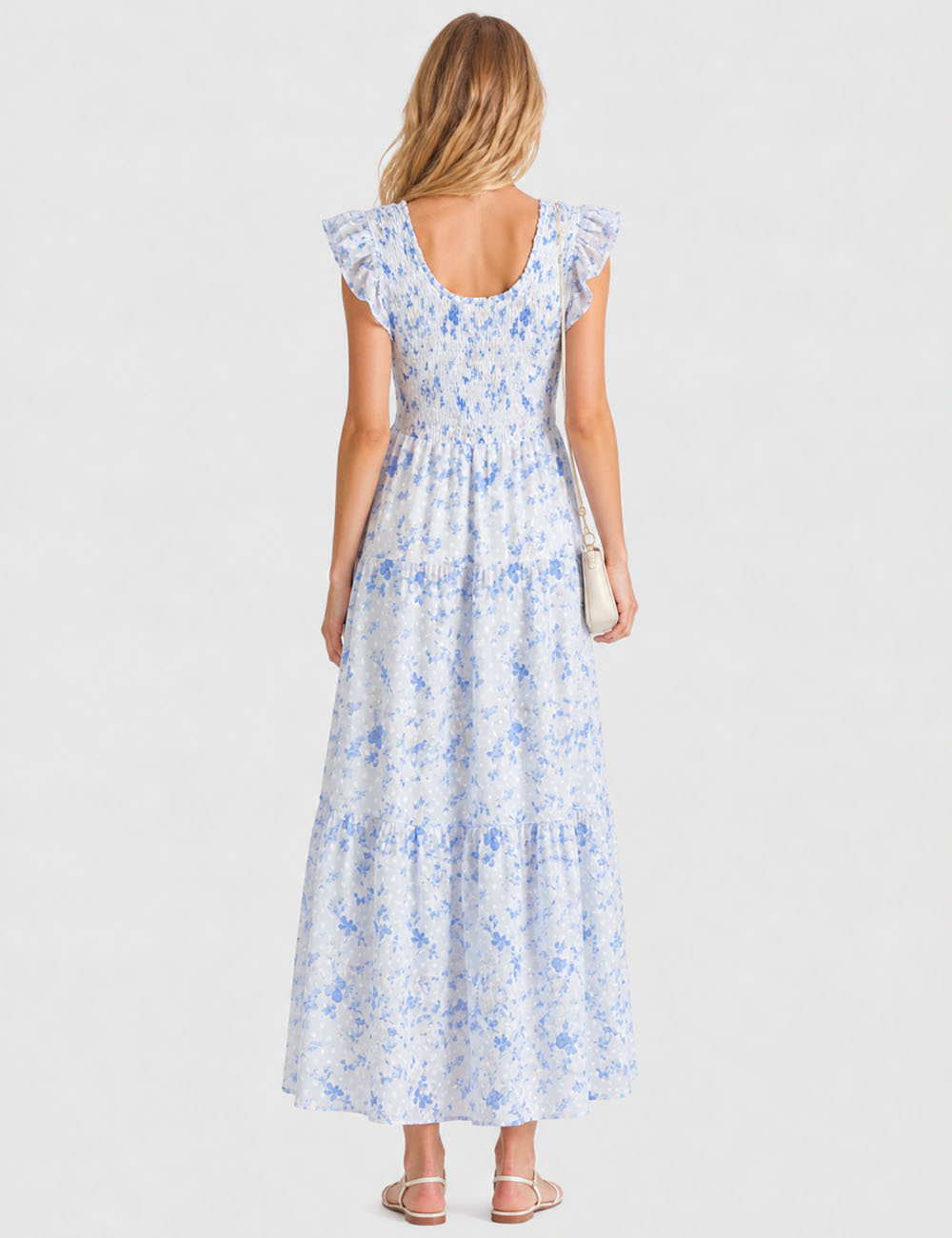 Ladies Floral Print Ruffle Sleeves Tiered Hem Smocked Maxi Dress