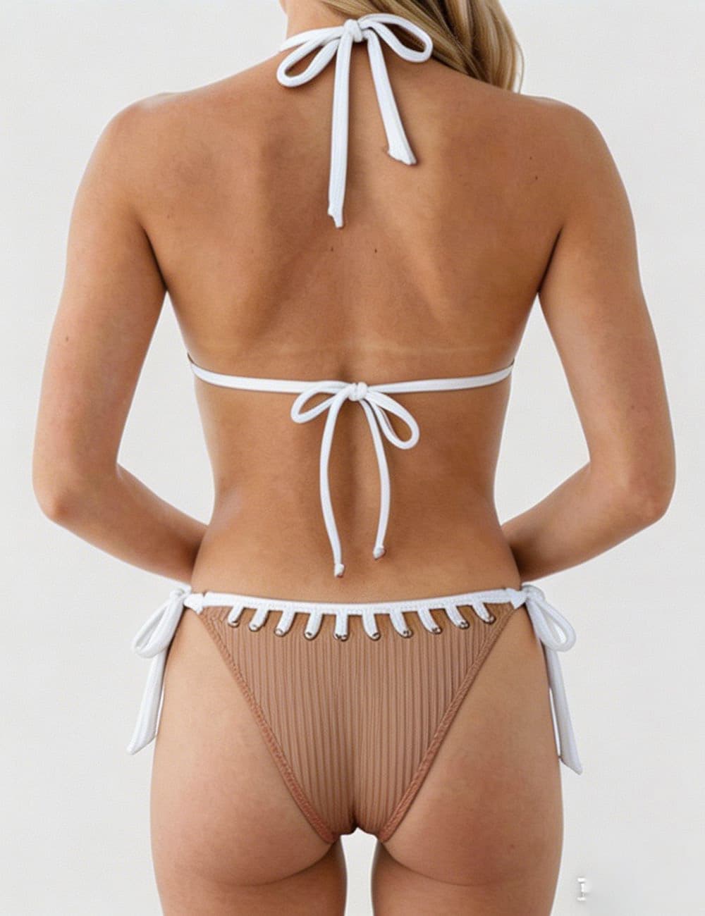 Ladies Braided Trim Ribbed Halter Triangle 2 Piece Bikini Set