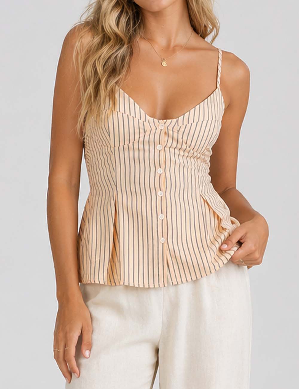 Ladies Chic Striped Spaghetti Strap Button Front Peplum Cami Top