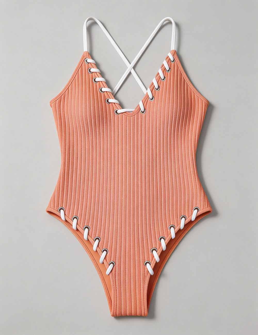 Ladies Lace-Up Accents Along High Leg Cut One Piece Swimsuit