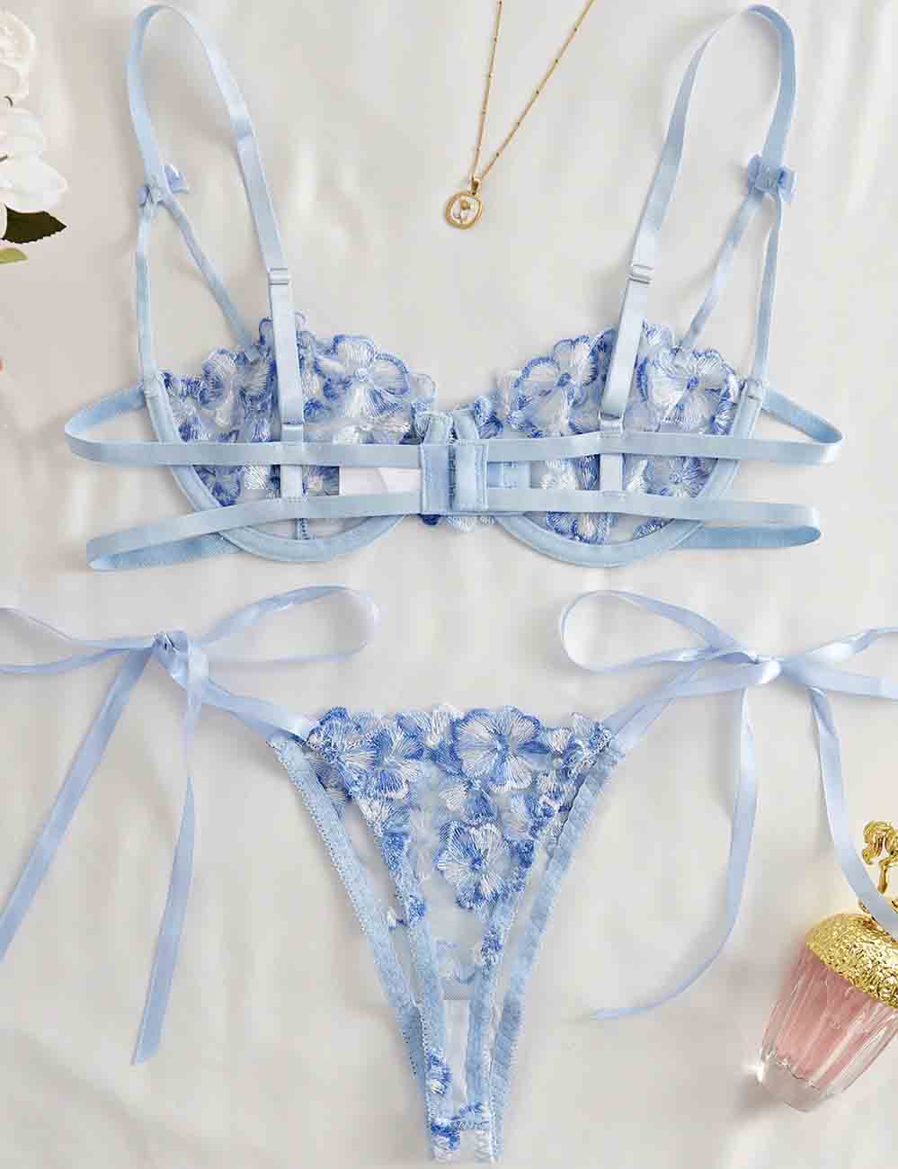 Ladies Floral Embroidery See Through 2PCS Lingerie Set 8XX0110