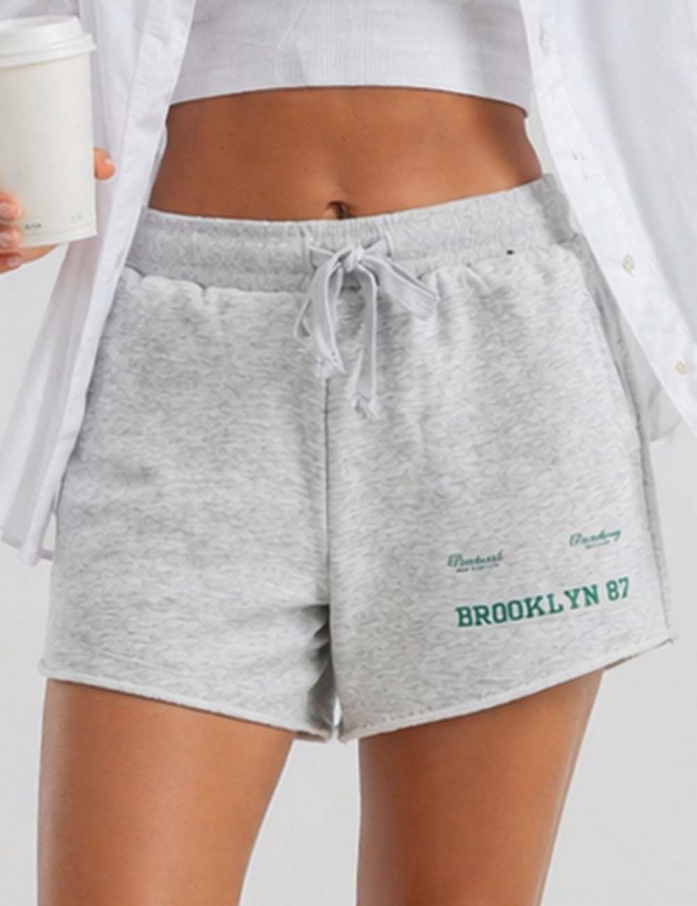 Ladies Letter Print Drawstring Elastic Waist Wide Leg Shorts