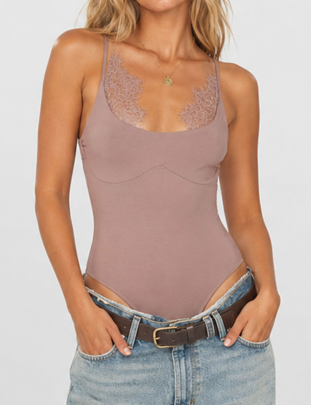 Ladies Lace Backless Spaghetti Strap Bodysuit