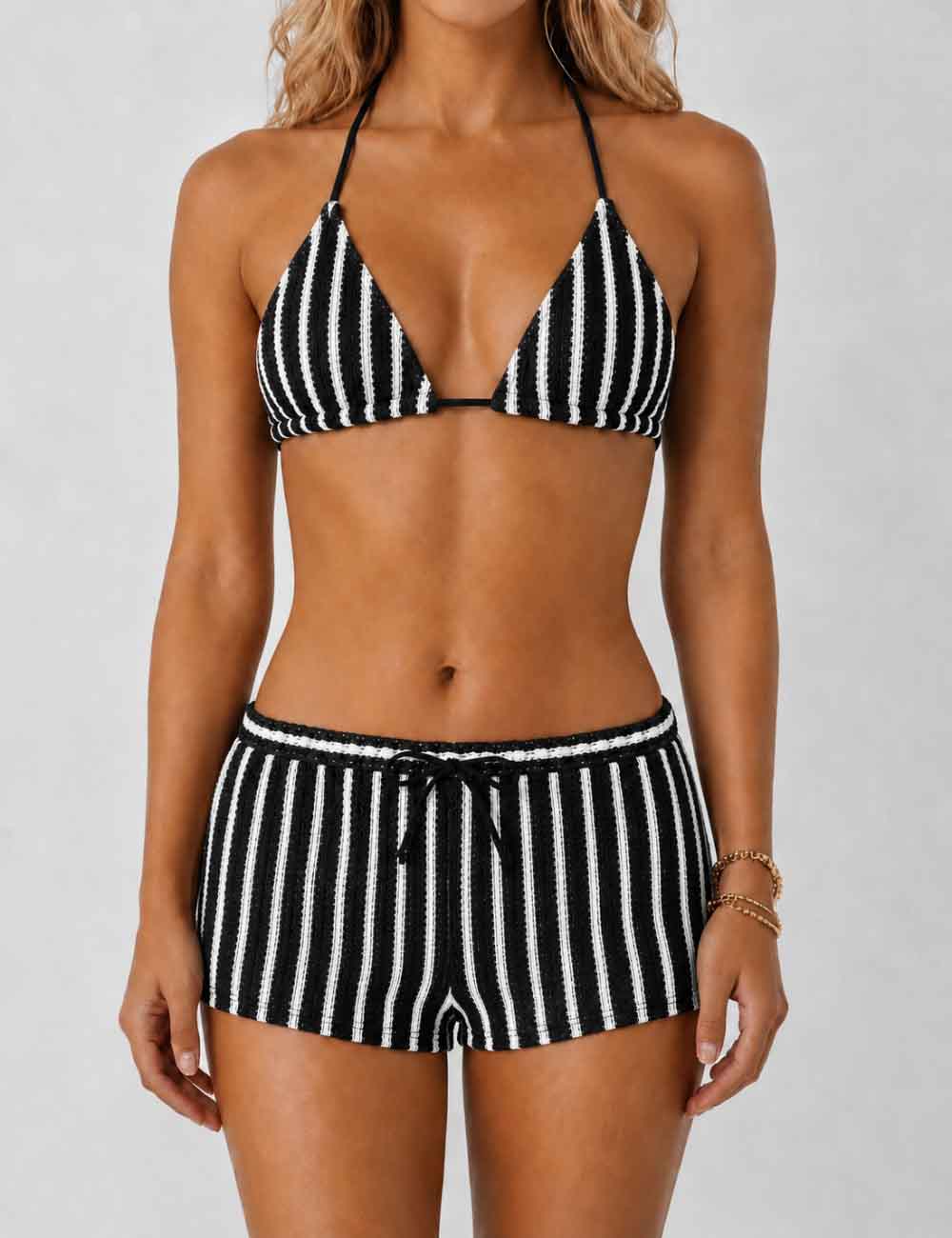 Ladies Striped Crochet Triangle 3 Piece Bikini Set With Cover Up Shorts
