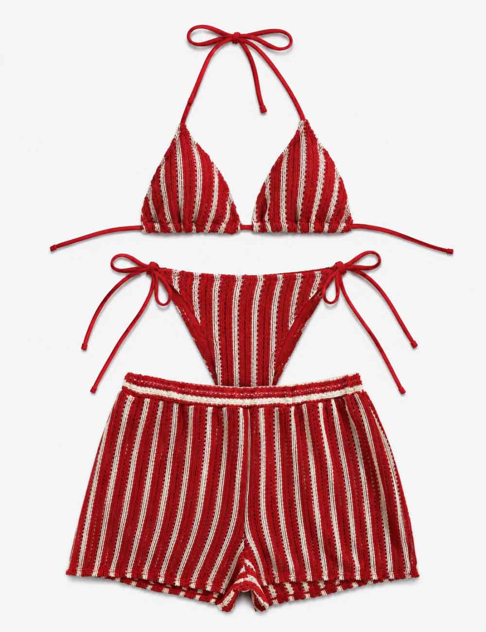 Ladies Striped Crochet Triangle 3 Piece Bikini Set With Cover Up Shorts