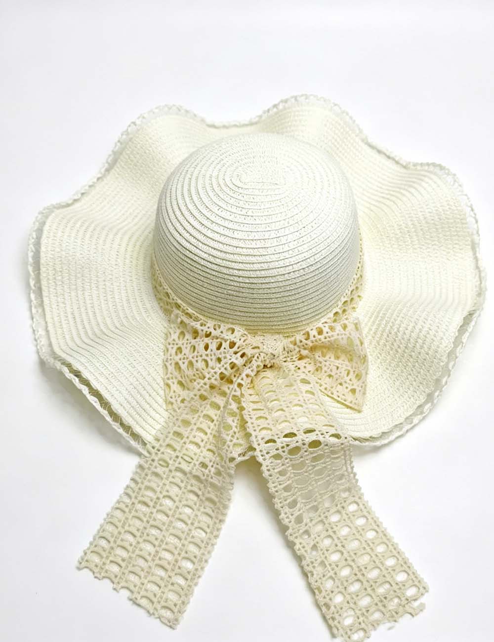 Ladies Boho Ruffled Wide Brim Lace Bow Straw Beach Hat