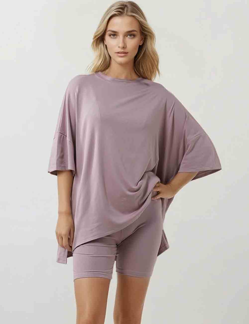 Ladies Solid Loungewear Outfits Loose Top & Slim Shorts Set