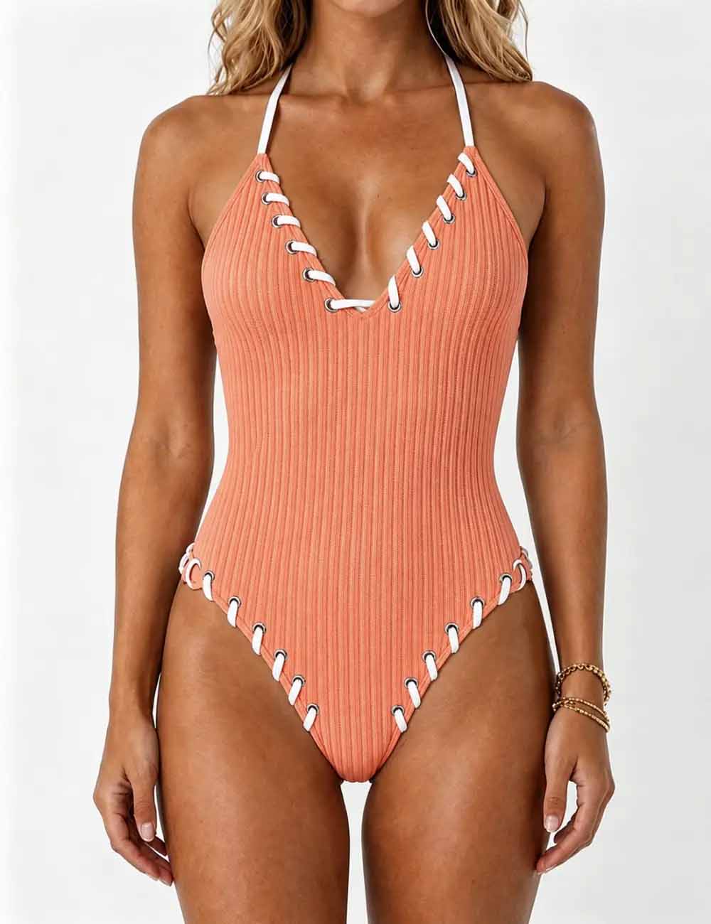 Ladies Lace-Up Accents Along High Leg Cut One Piece Swimsuit