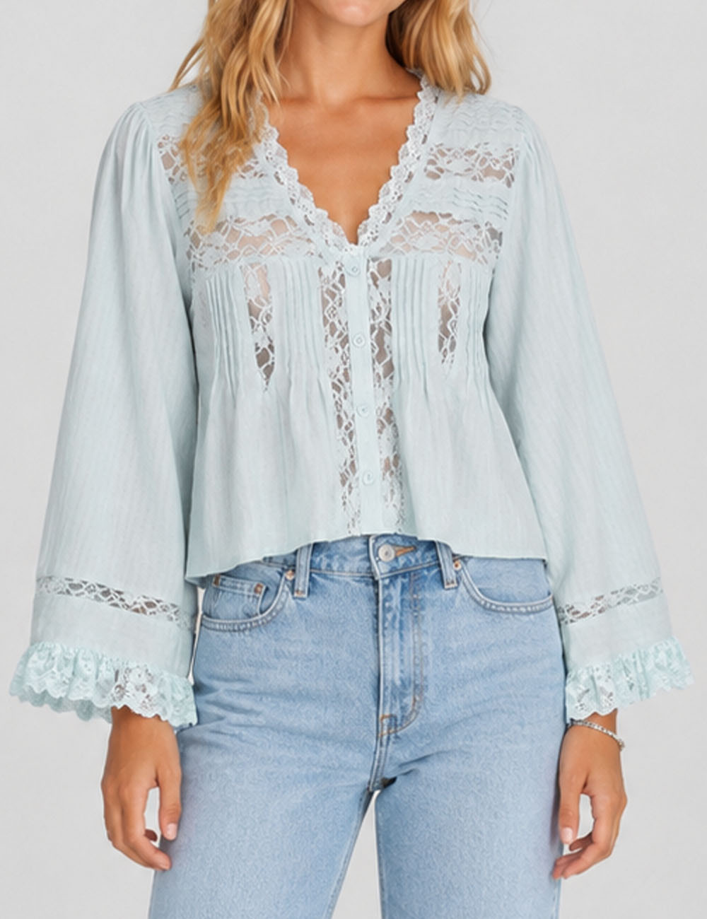 Ladies Solid Color Eyelets Ruffle Lace Blouse