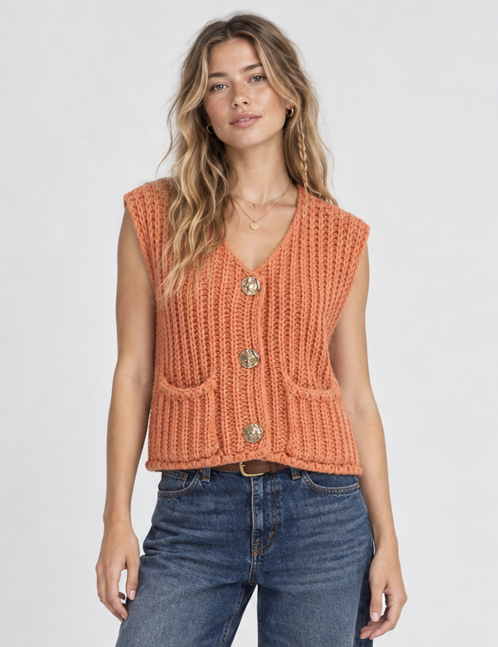 Ladies Solid Color Sleeveless Open Knit Sweater Vest