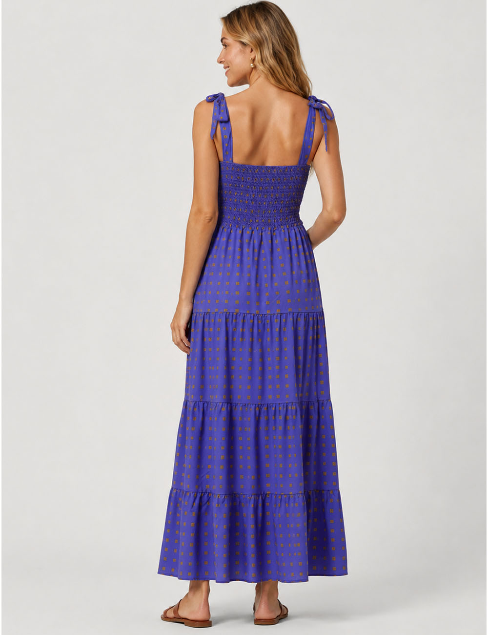 Ladies Abstract Print Smocked Tie Strap Square Neck Midi Dress