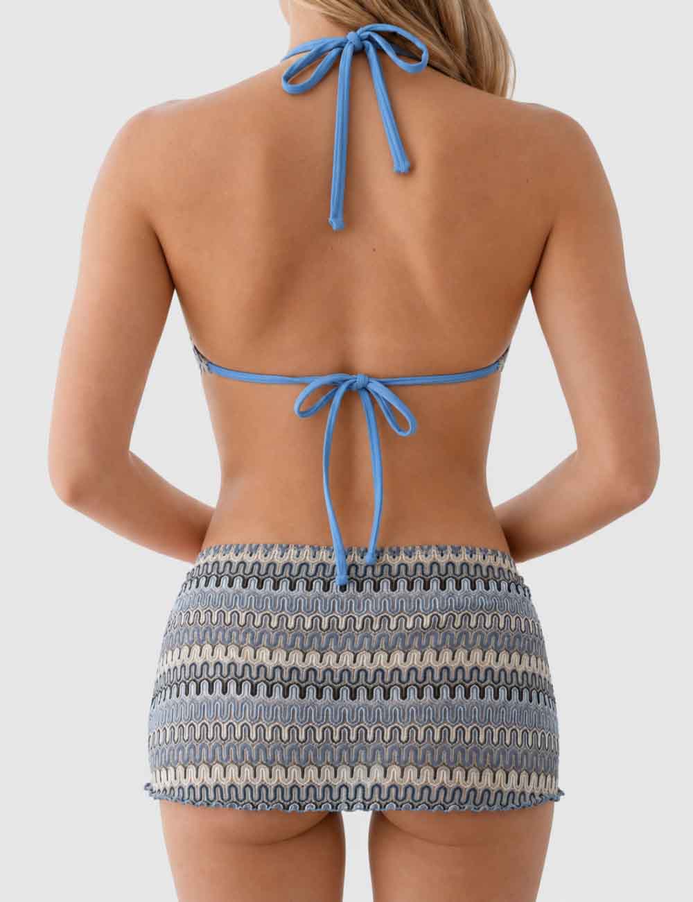 Ladies Wave Striped Knit Triangle Bikini Set with Cover Up Skirt
