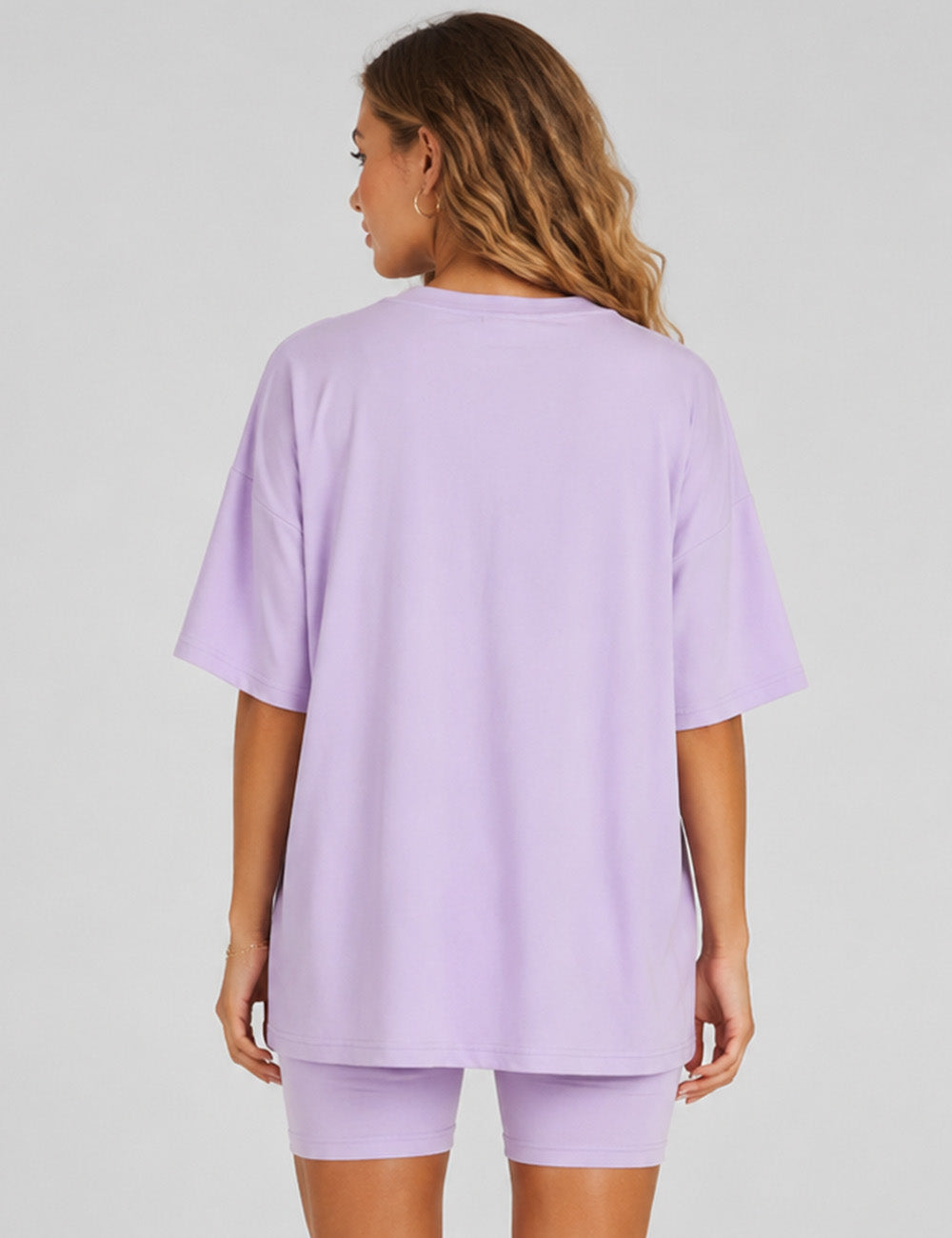 Ladies Solid Loungewear Outfits Loose Top & Slim Shorts Set