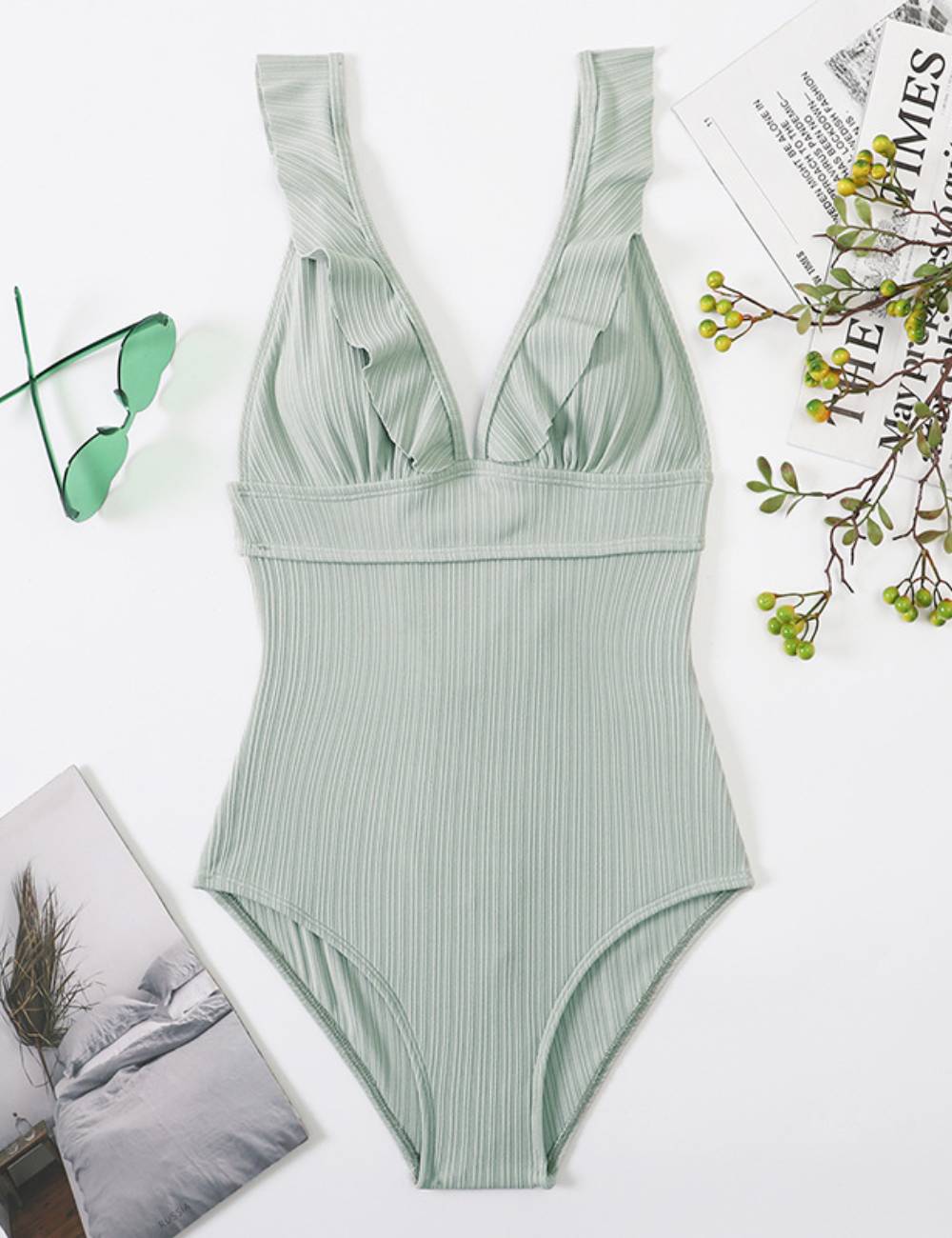 Ladies Rib Ruffle Neck One Piece Swimwear SKSW40079
