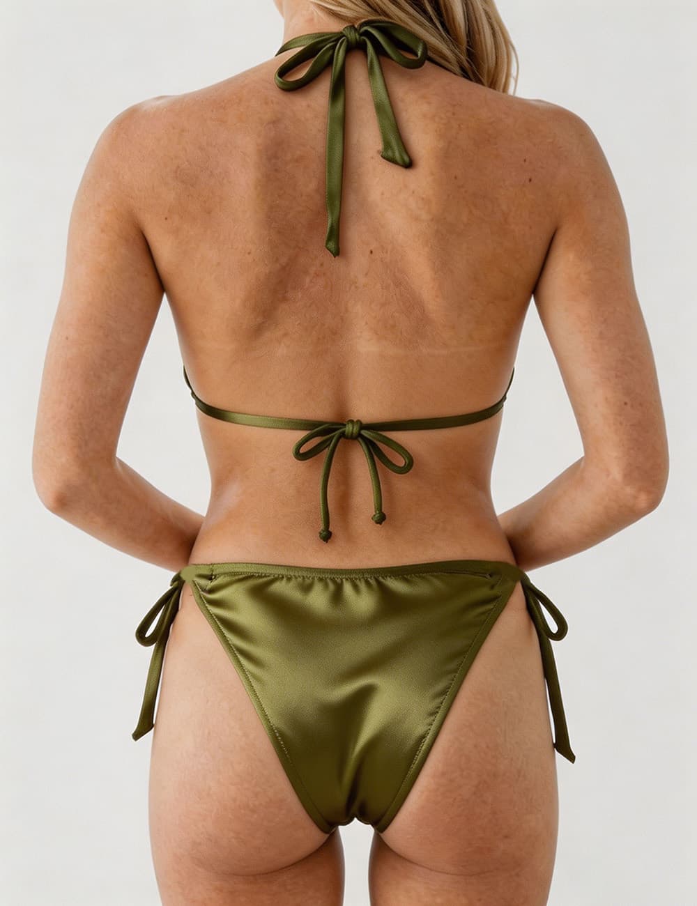 Ladies Solid Color Gold Buckle Halter Neck Triangle Bikini Set