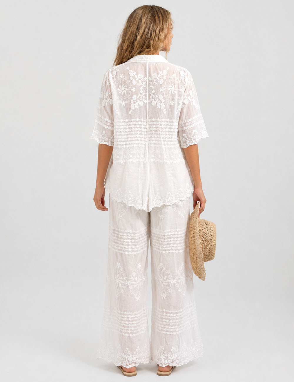 Ladies Chic Embroidery Button-Up Blouse & Pants Matching Set