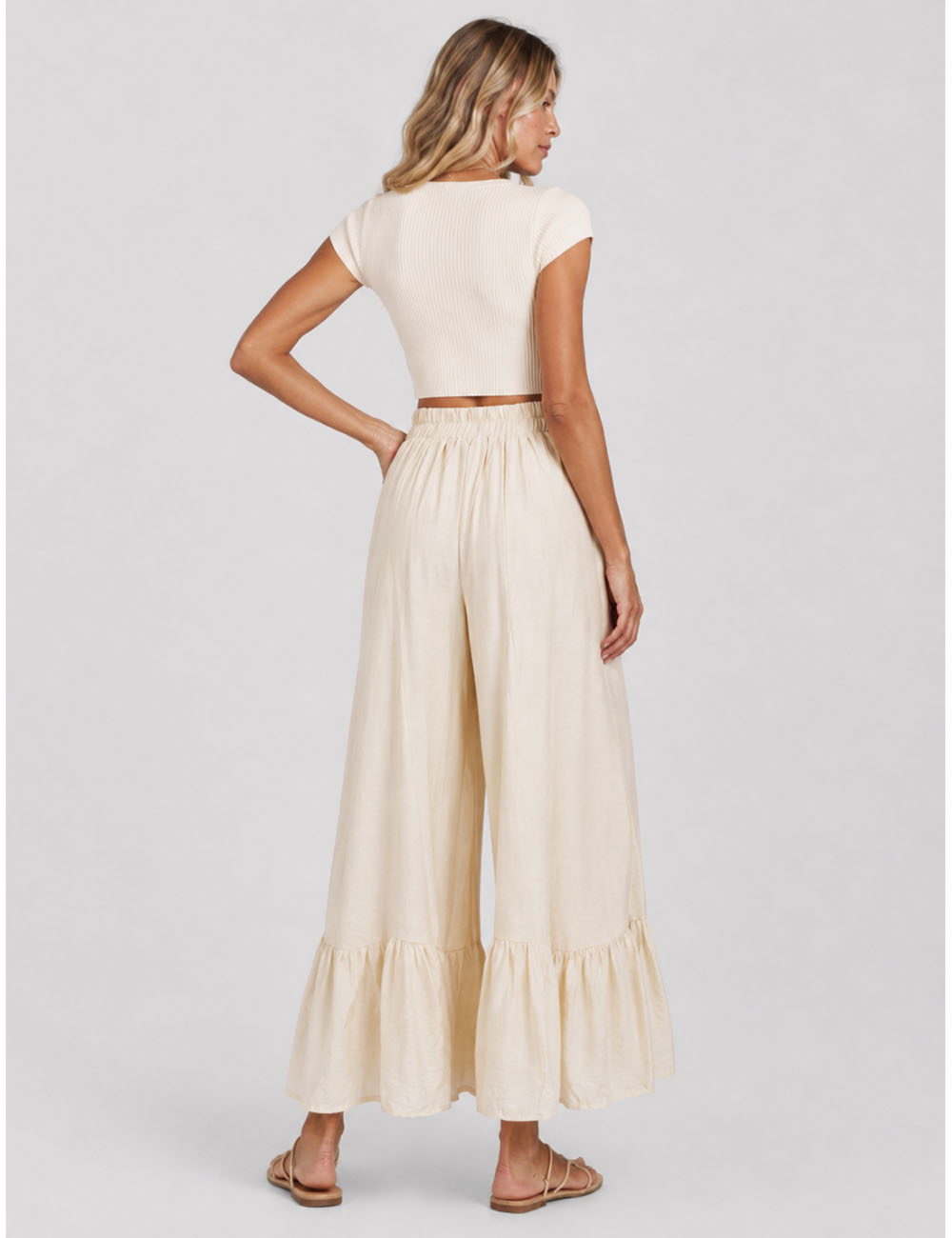 Ladies Elastic Waist Ruffle Wide Leg Pants