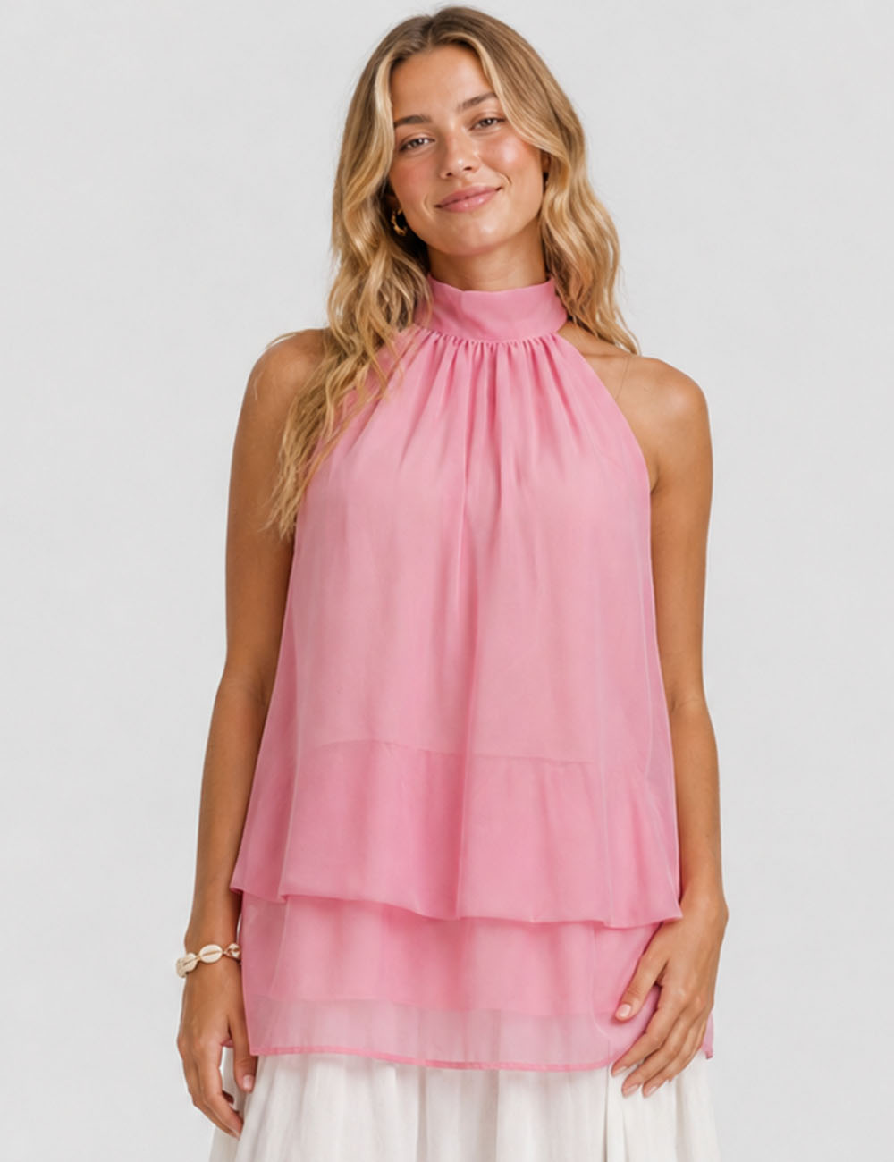 Ladies Chiffon Stand Neck Solid Color Ruffle Hem Sleeveless Top