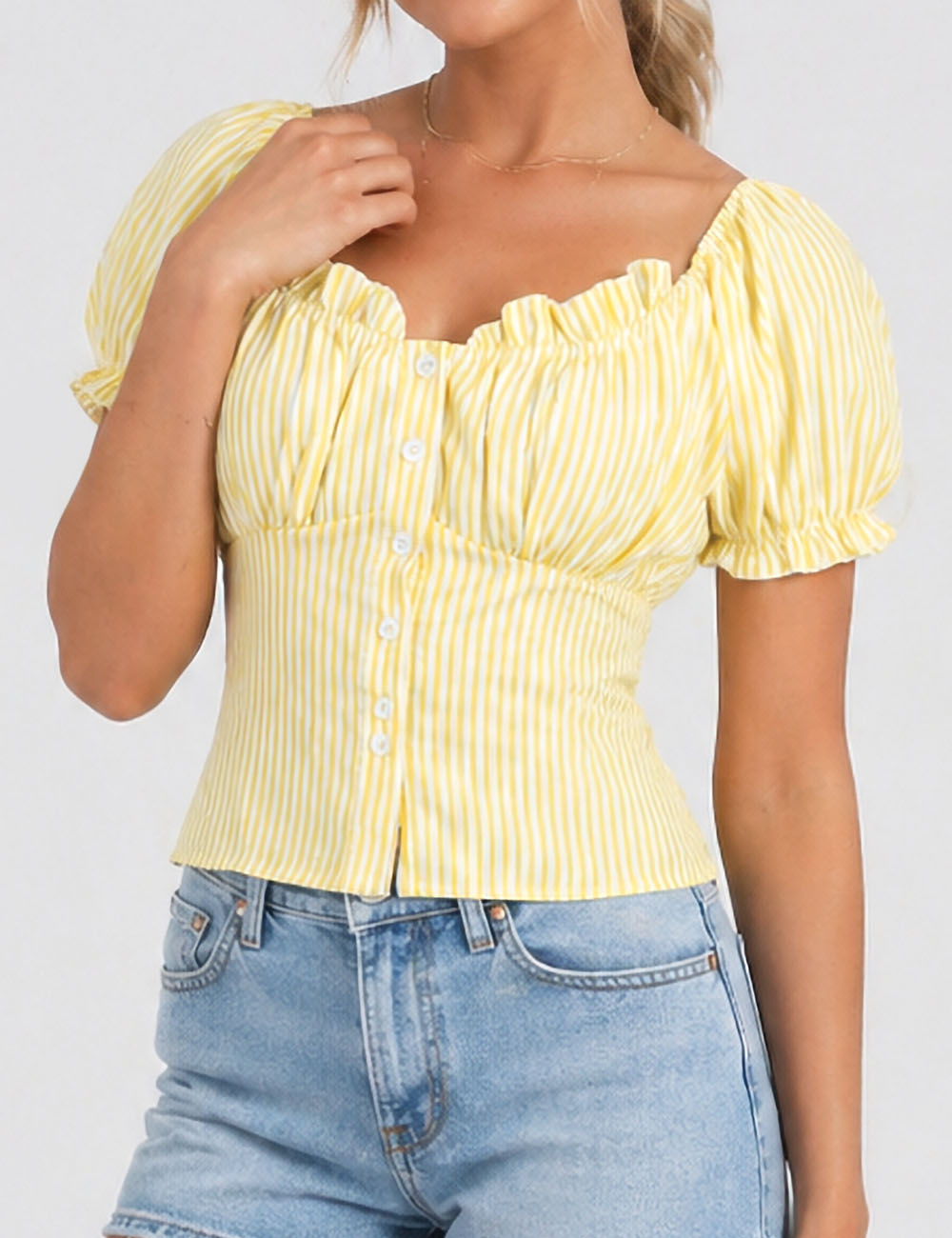 Ladies Striped Puff Sleeves Button Front Crop Top