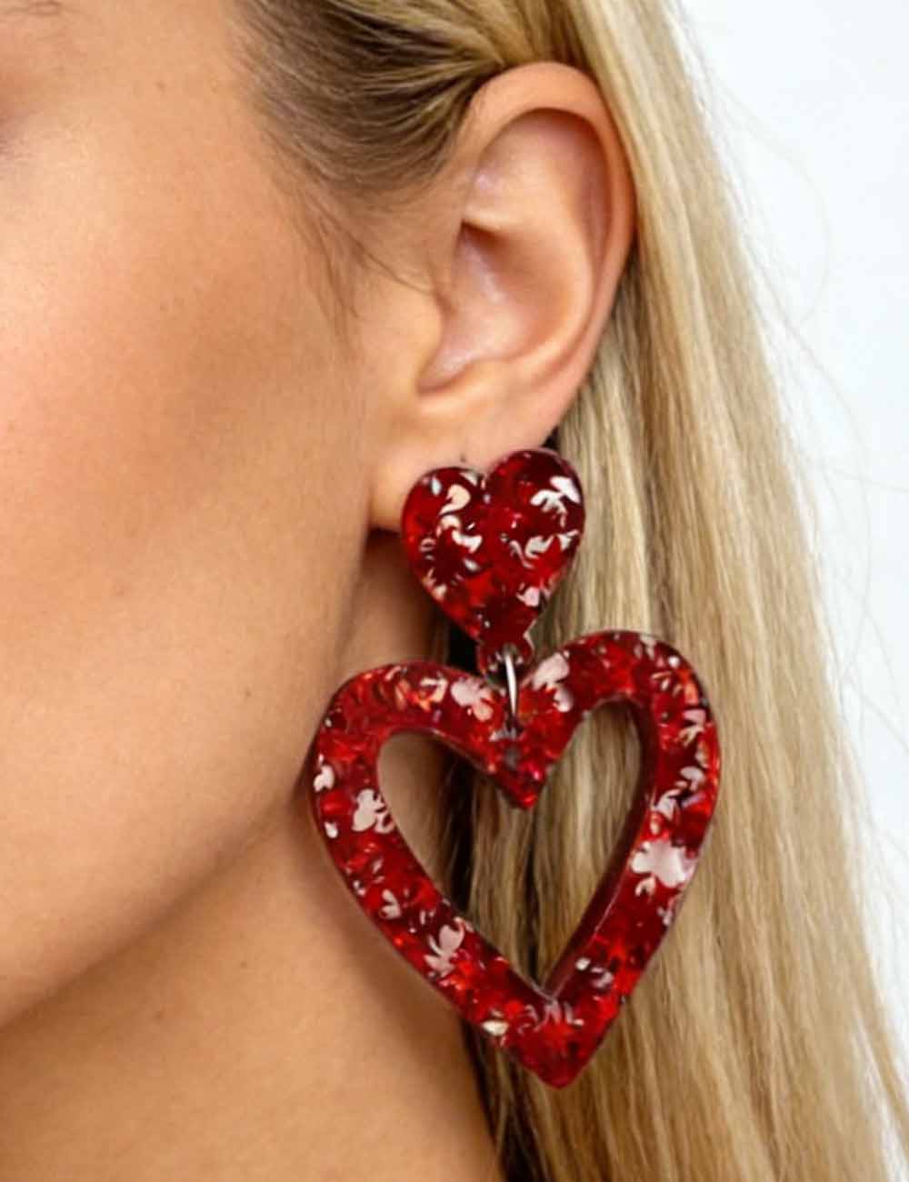 Ladies Valentine's Acrylic Double Heart Hollow Pendant Earrings