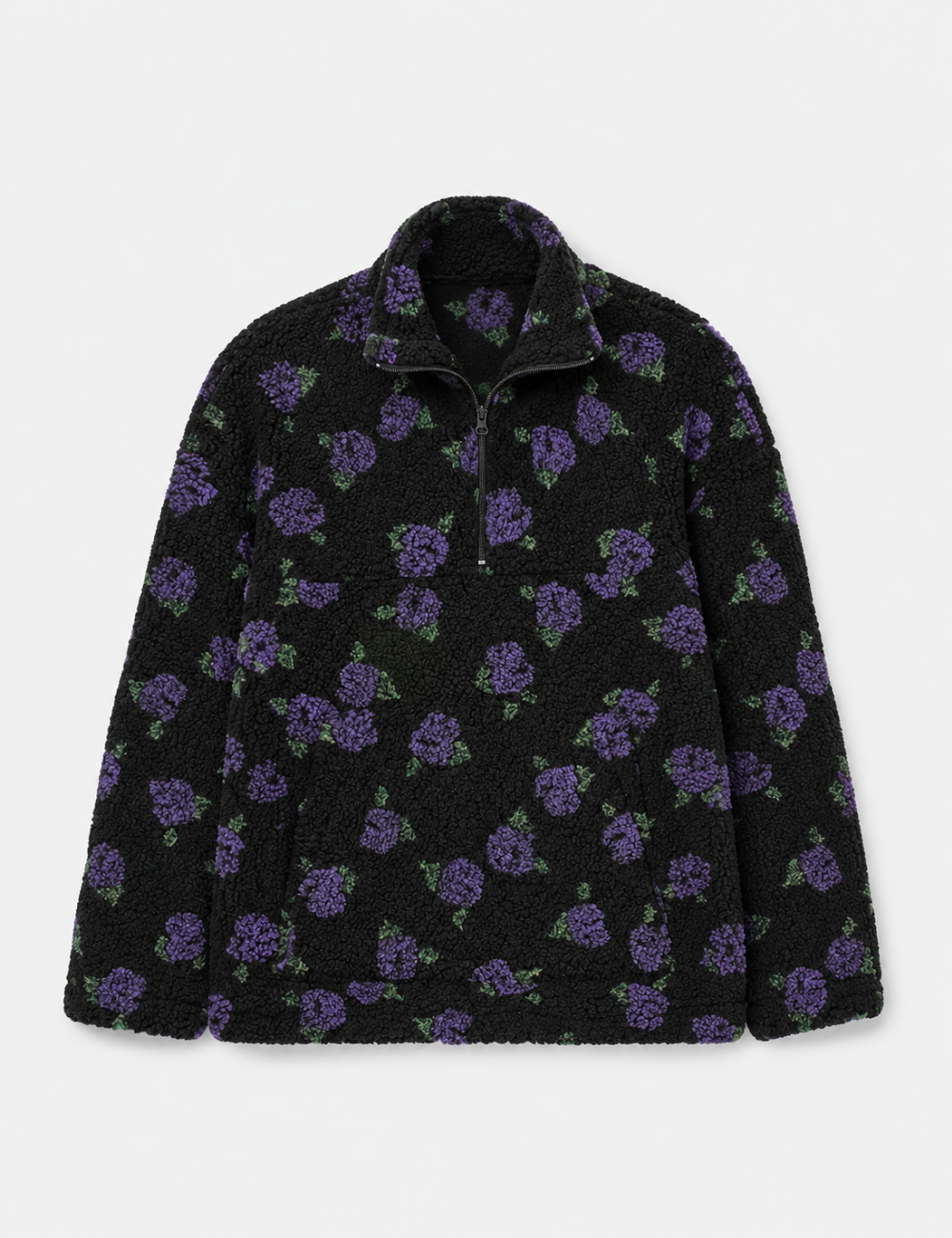 Ladies Casual Floral Pattern Zipper Front Fleece Pullover Sweatshirt
