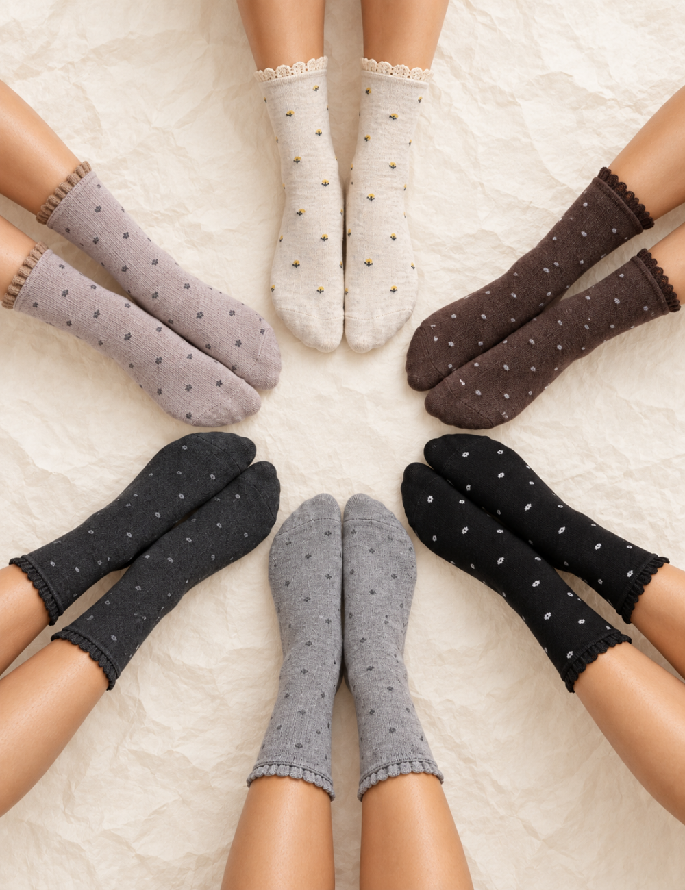 Ladies Lace Trim Floral Mid Calf Socks