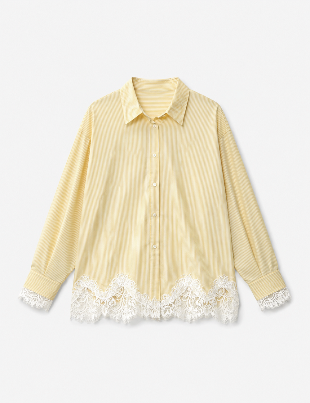 Ladies Striped Lace Hem Long Sleeves Button-Down Shirt