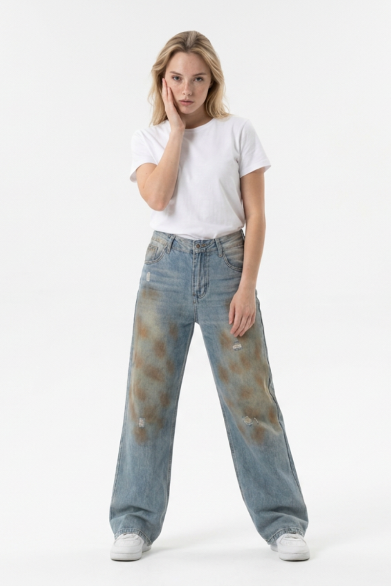 Women's Multi-Layer Dirty Wash High Waist Wide Leg Jeans