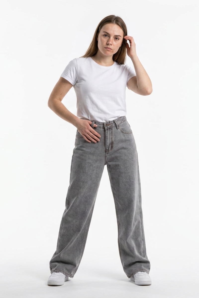 Women's Silver Gray Wash High Waist Wide Leg Jeans