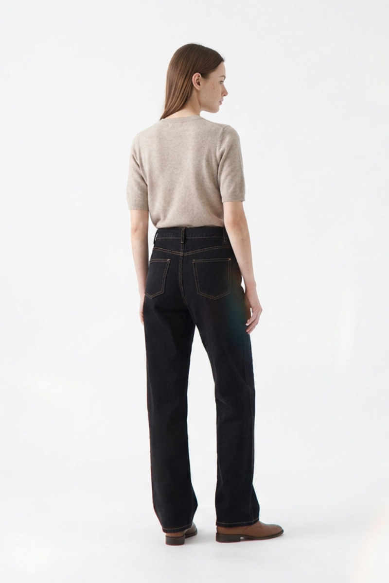 Women's Raw Black Wash High Waist Straight Leg Jeans