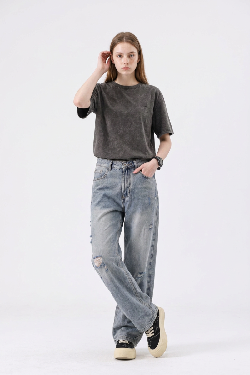 Women's High Waist Distressed Ripped Straight Jeans