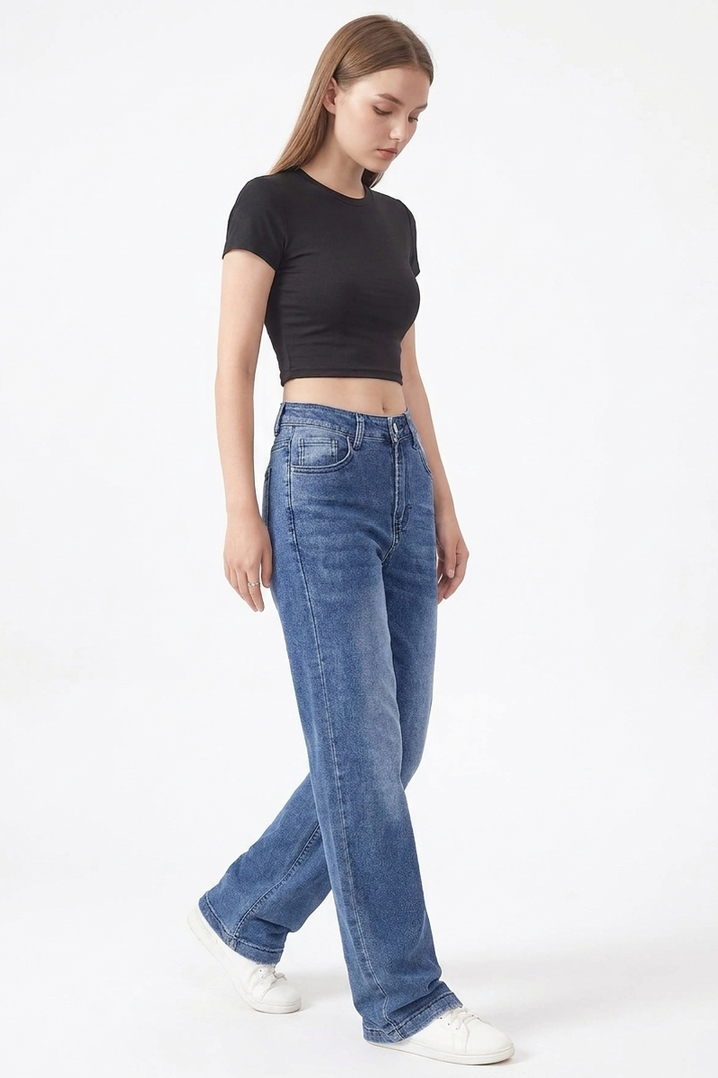 Women's Classic Blue Washed High Waist Straight Leg Jeans
