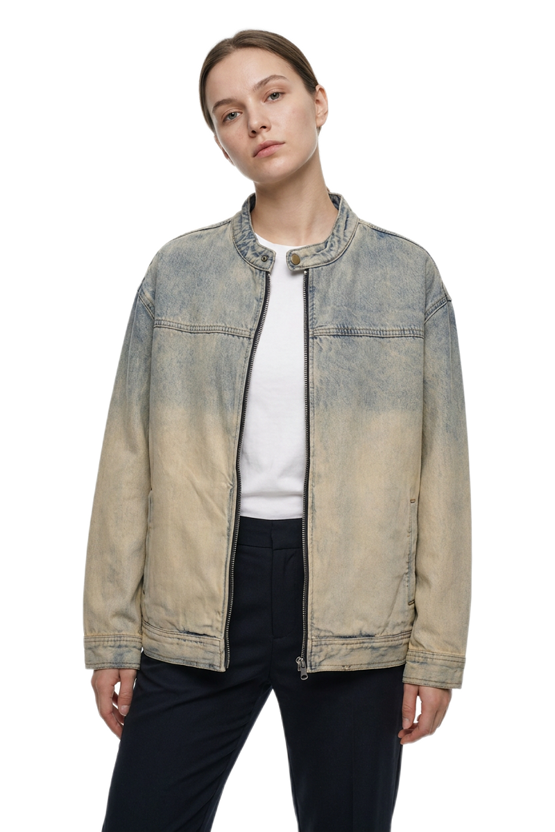Women's Washed Stand Collar Zip-Up Vintage Denim Jacket