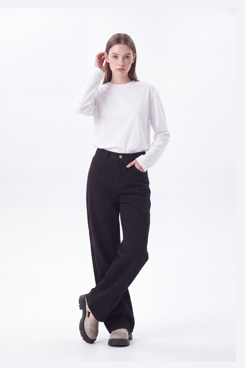 Women's High Waist Pure Black Wide Leg Jeans