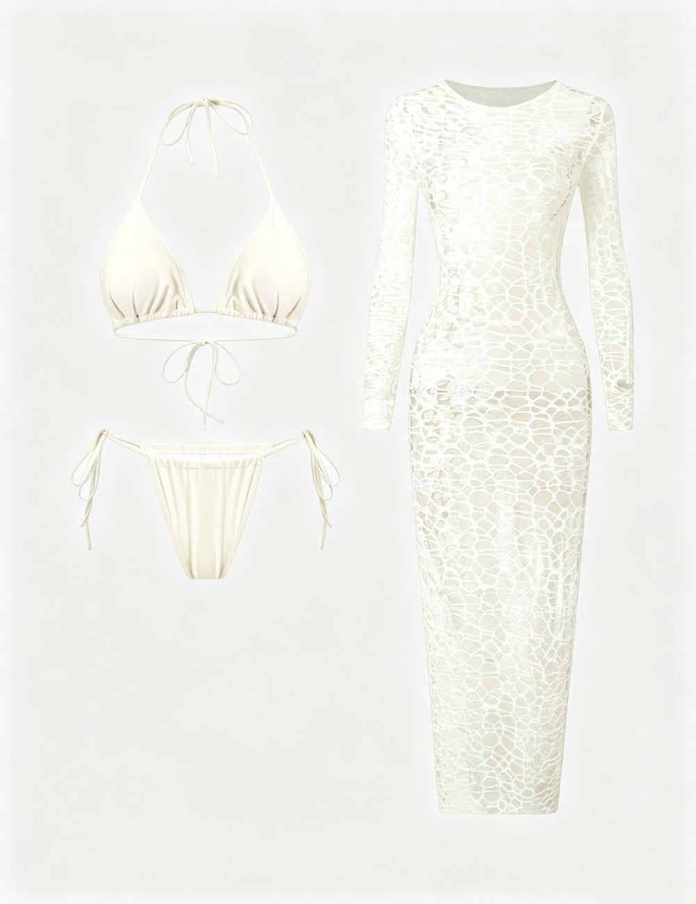 Ladies Solid Color Bikini Hollow Out Cover Up 3PCS Swimwear Set