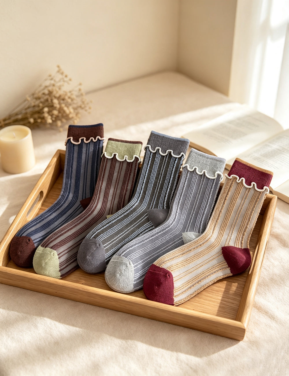 Ladies Lettuce Edge Striped Mid Calf Socks
