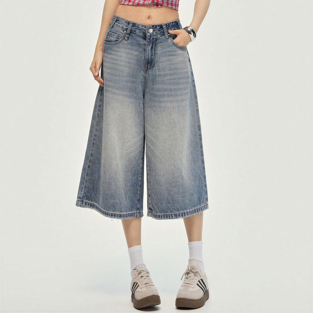 Women's Summer Gradient Washed Wide-Leg Denim Capri Pant