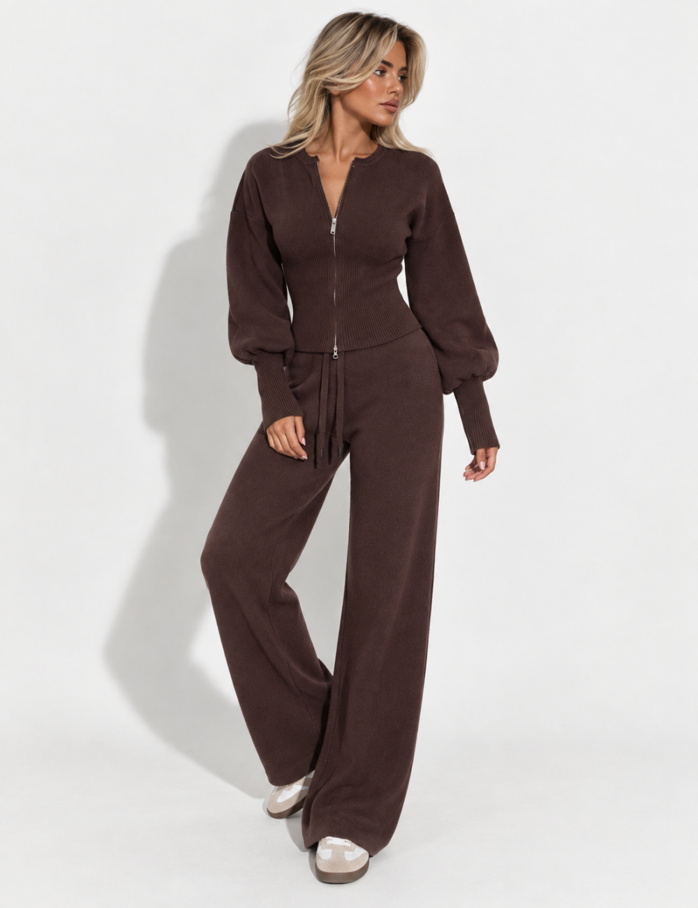 Ladies Zip-Up Solid Color Knit Top & Pants 2PCS Set