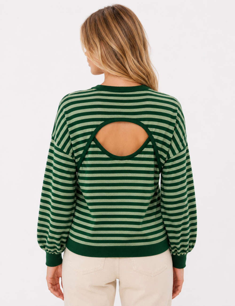 Ladies Stripe Back Cutout Long Sleeve Knit Sweater
