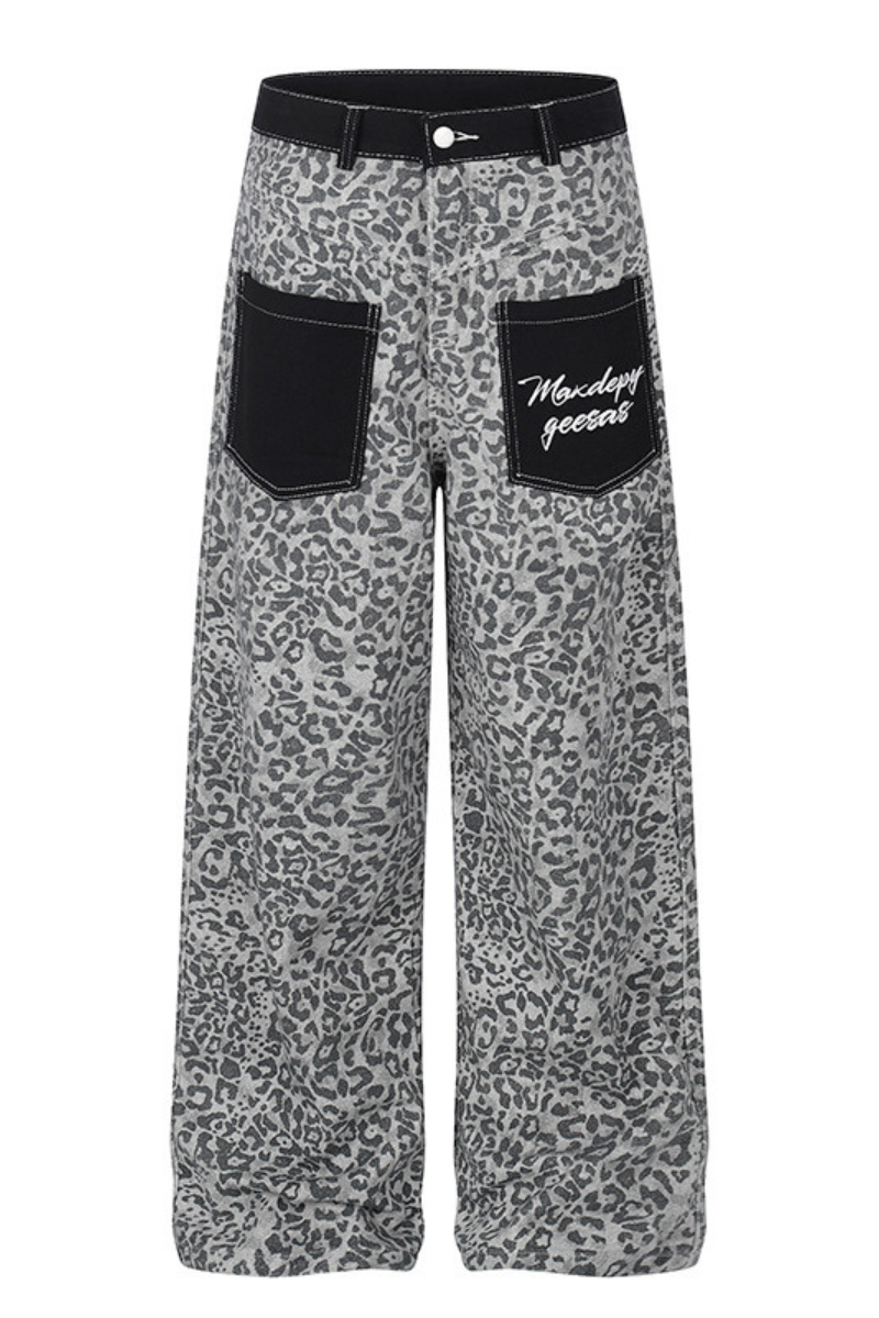 Unisex Spring Retro Colorblock Leopard Wide Straight Jeans