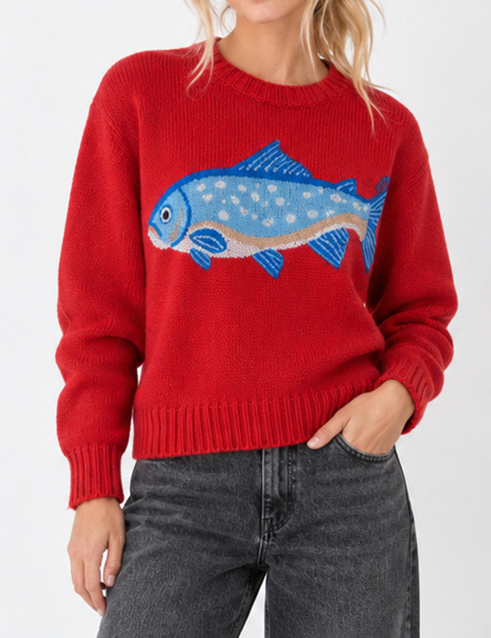 Ladies Fish Jacquard Crew Neck Cropped Knit Sweater