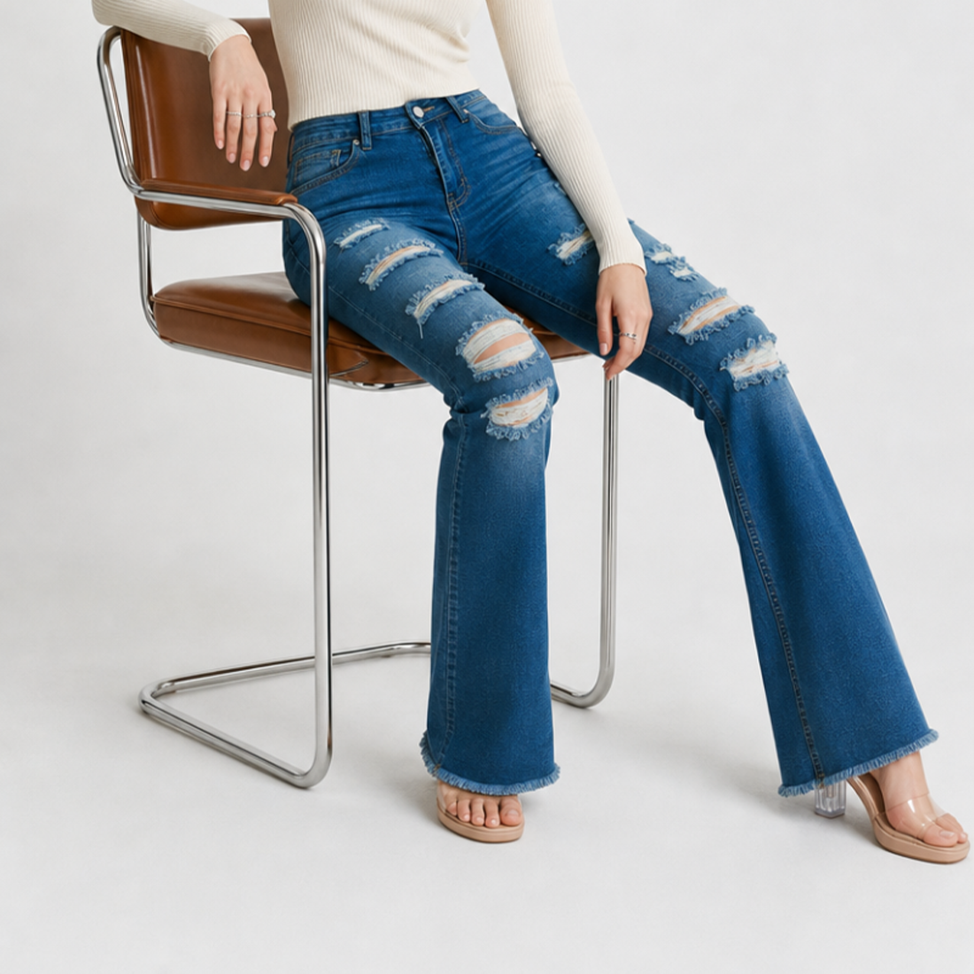 Women's Distressed Ripped Frayed Hem Stretch Flare Jeans