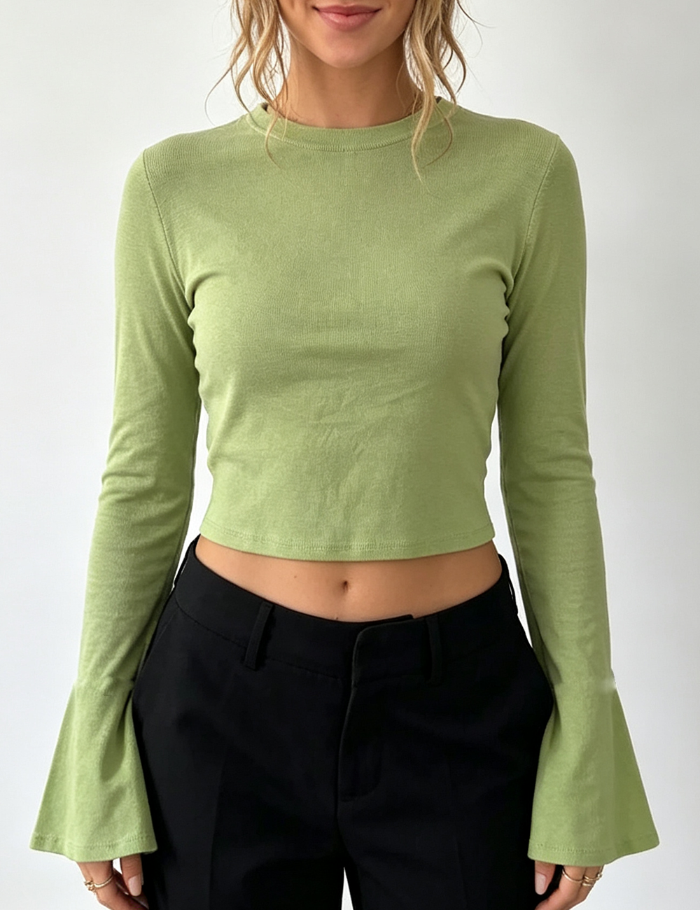 Ladies Casual Solid Round Neck Flare Sleeves Top
