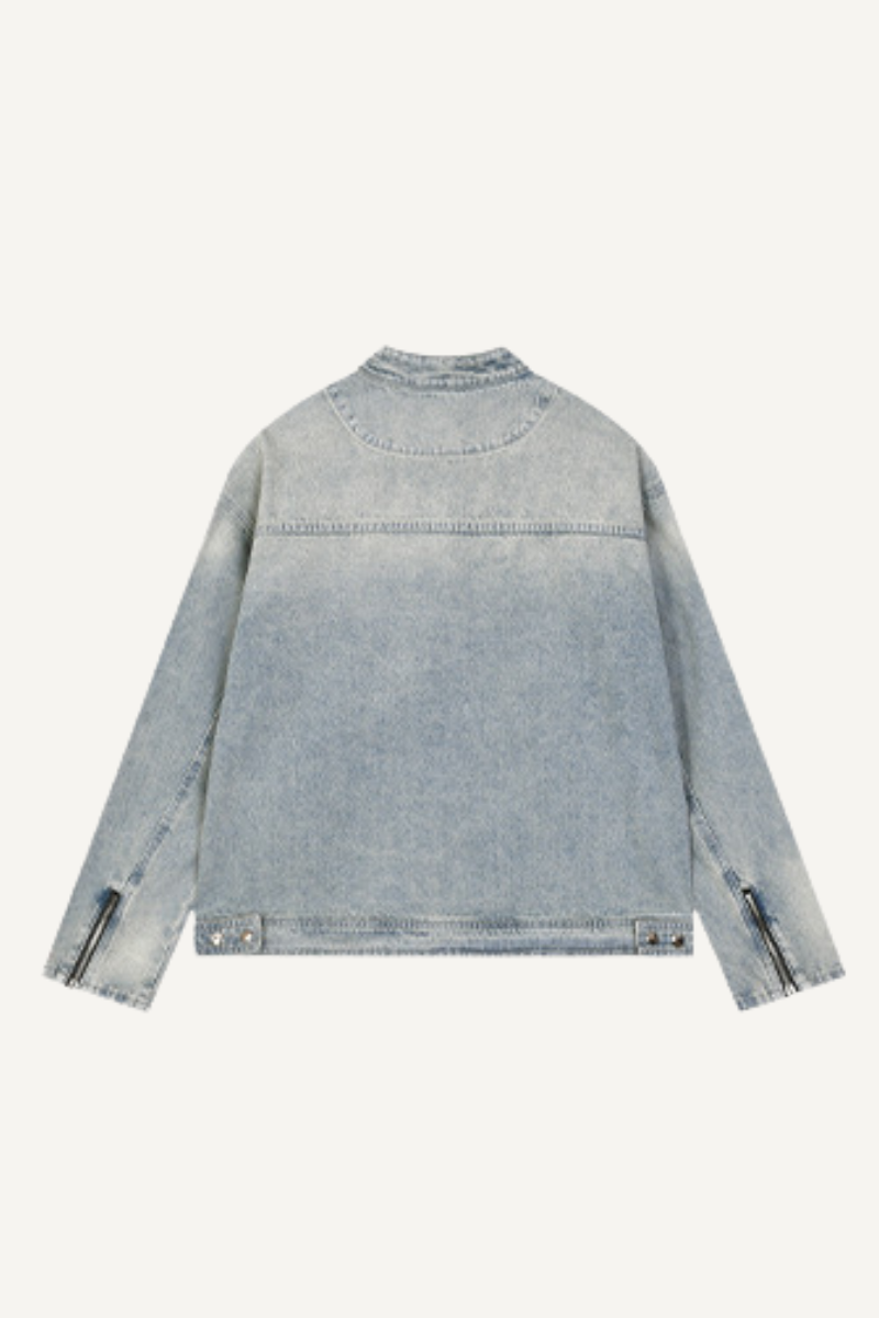 Men's 385g Washed Patchwork Denim StandCollar Zip Jacket