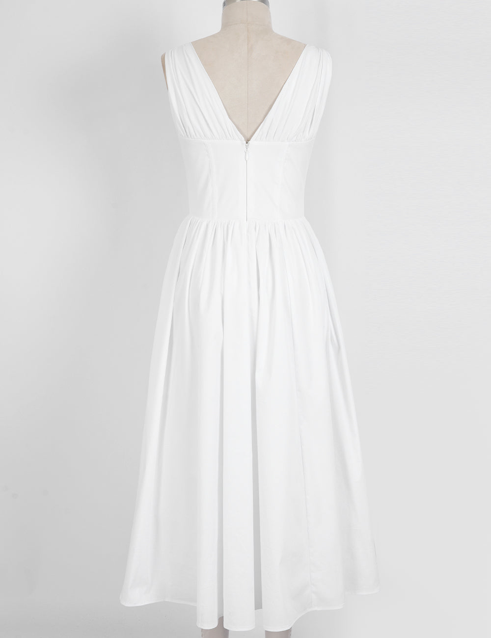 Ladies White Deep V Neck Ruched Bust Midi Dress